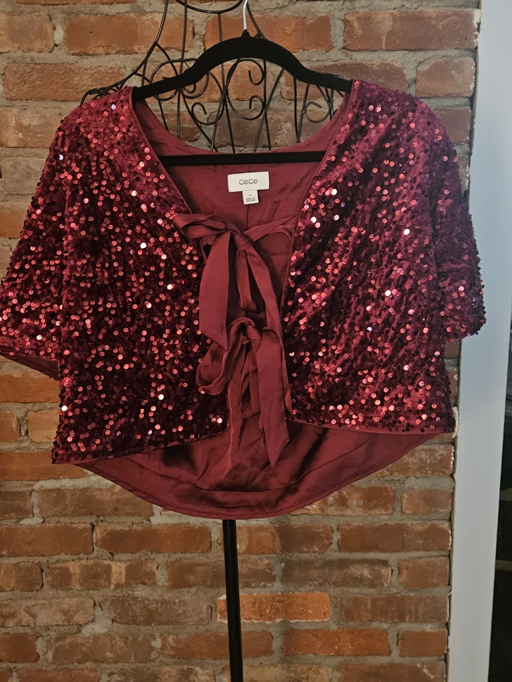 CeCe Wine Red Sequin Satin  Tie-Front Crop Top